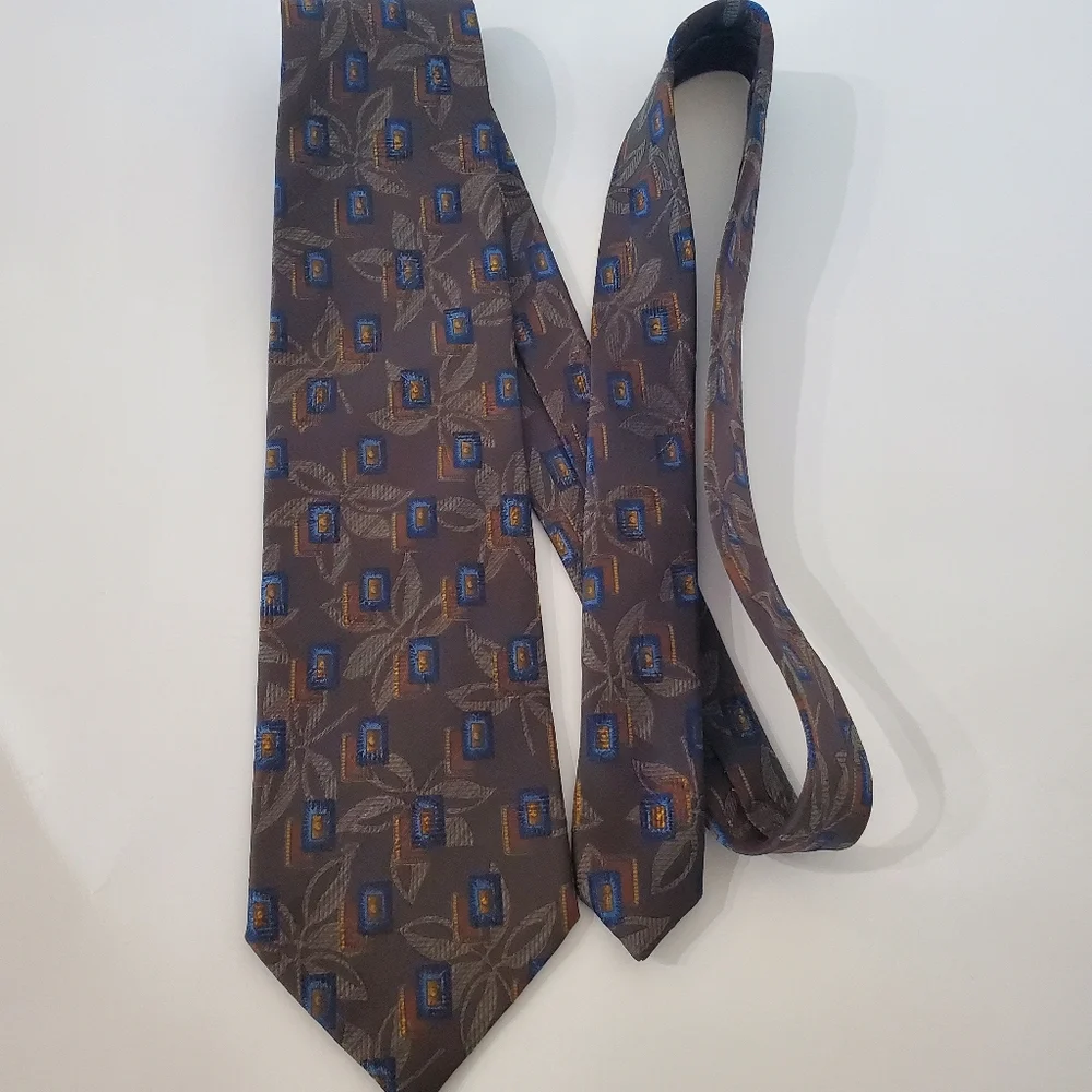 ERMINEGILDO ZEGNA Silk Wool Blend Neck Tie Leaf Geo Tan Gold Blue Green Italy